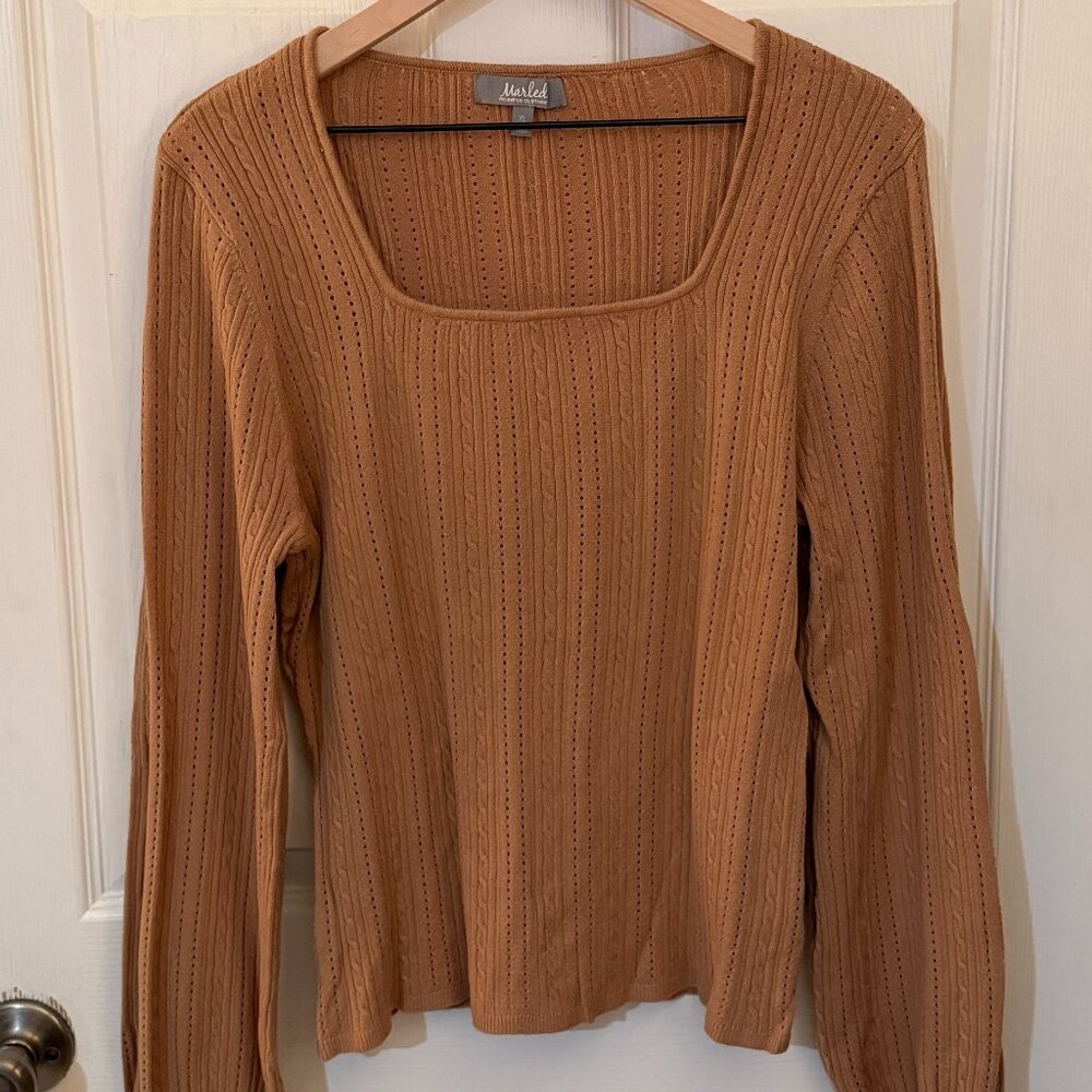 Brown Pointelle Knit Sweater w/ Blouson Sleeves Size XL